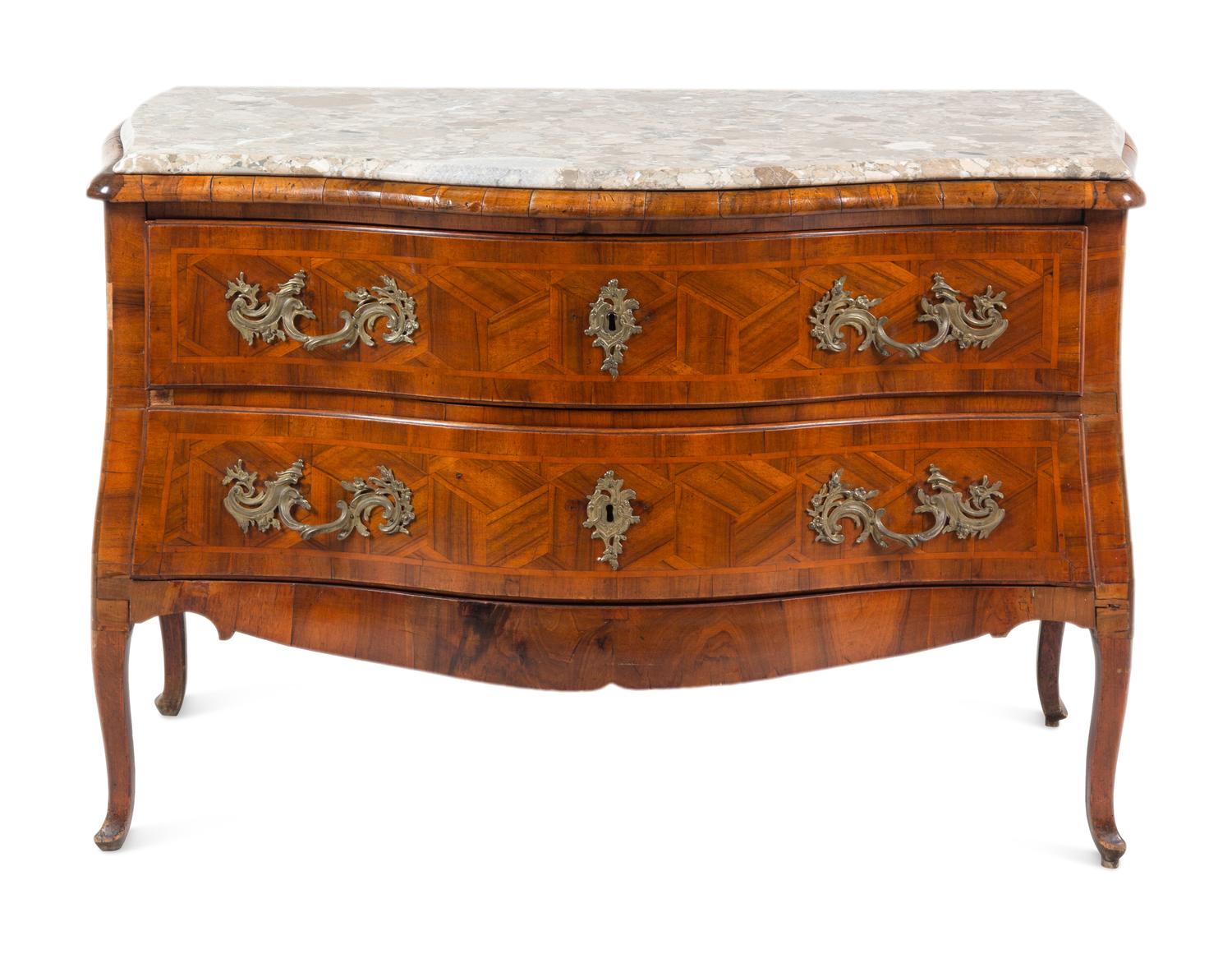 A Louis XV Style Gilt Bronze Mounted Parquetry Marble-Top Commode