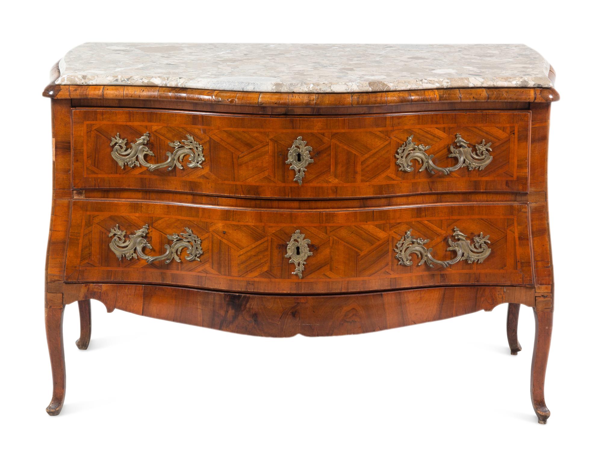 A Louis XV Style Gilt Bronze Mounted Parquetry Marble-Top Commode