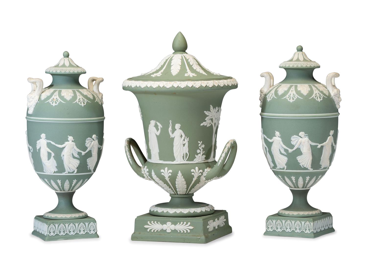 Three Wedgwood Green Jasperware Urns