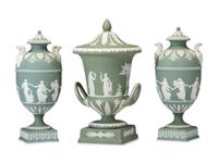 Three Wedgwood Green Jasperware Urns
