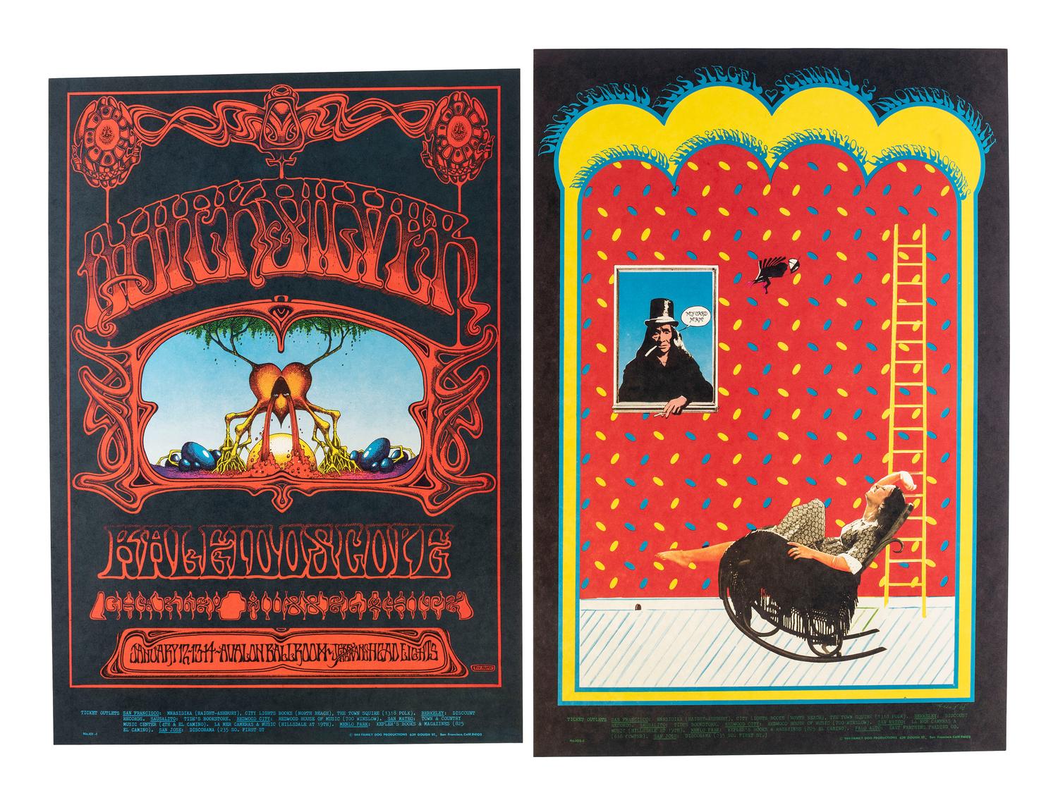 [MUSIC] -- [POSTERS]. GRIFFIN, Rick, FRIED, Robert, MOUSE, Stanley, KELLEY, Alton, MOSCOSO, Victor, artists. A group of 8 Family Dog posters from 1968, comprising: