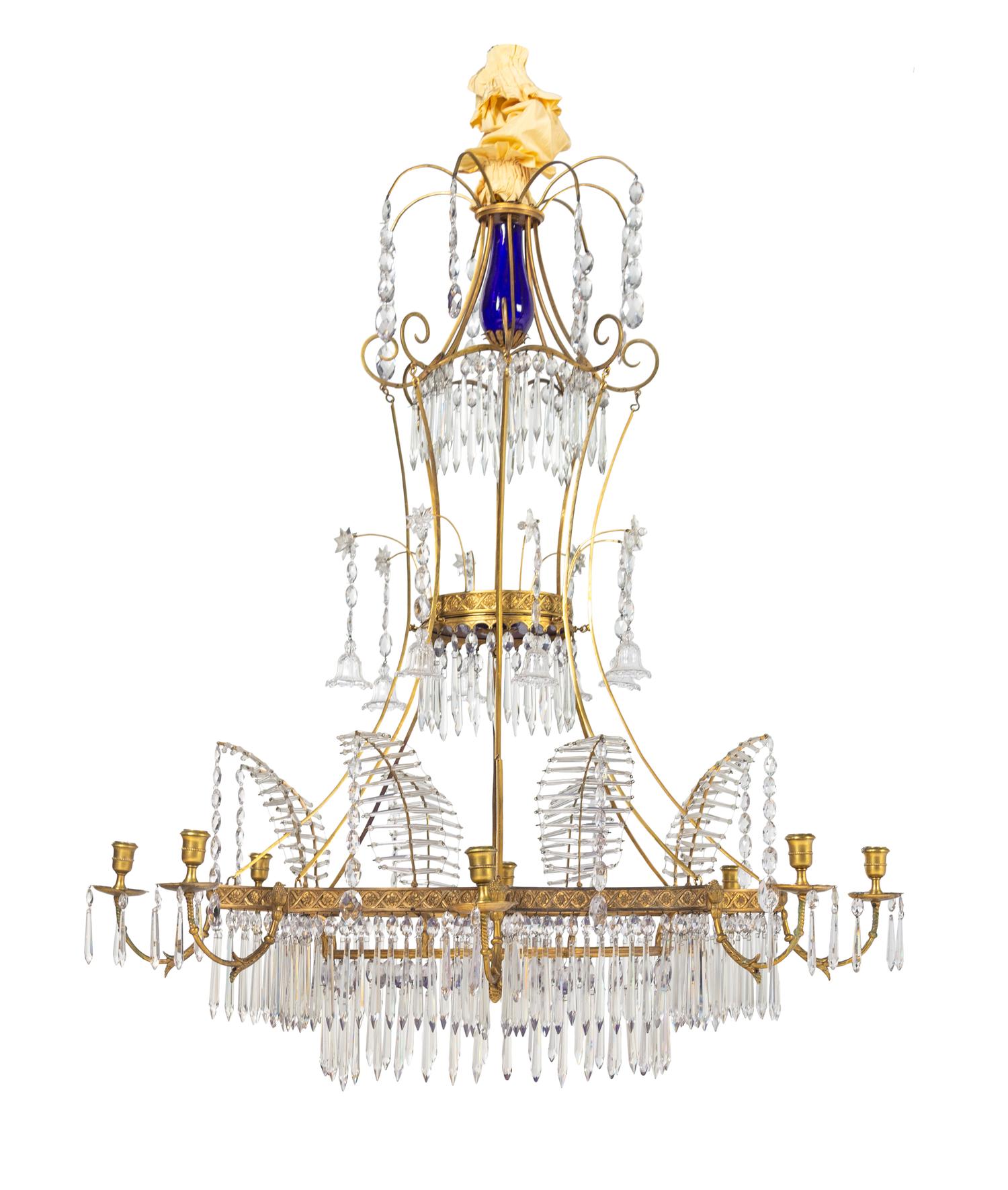 A Swedish Neoclassical Gilt Bronze, Cobalt and Colorless Glass Chandelier