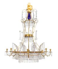 A Swedish Neoclassical Gilt Bronze, Cobalt and Colorless Glass Chandelier