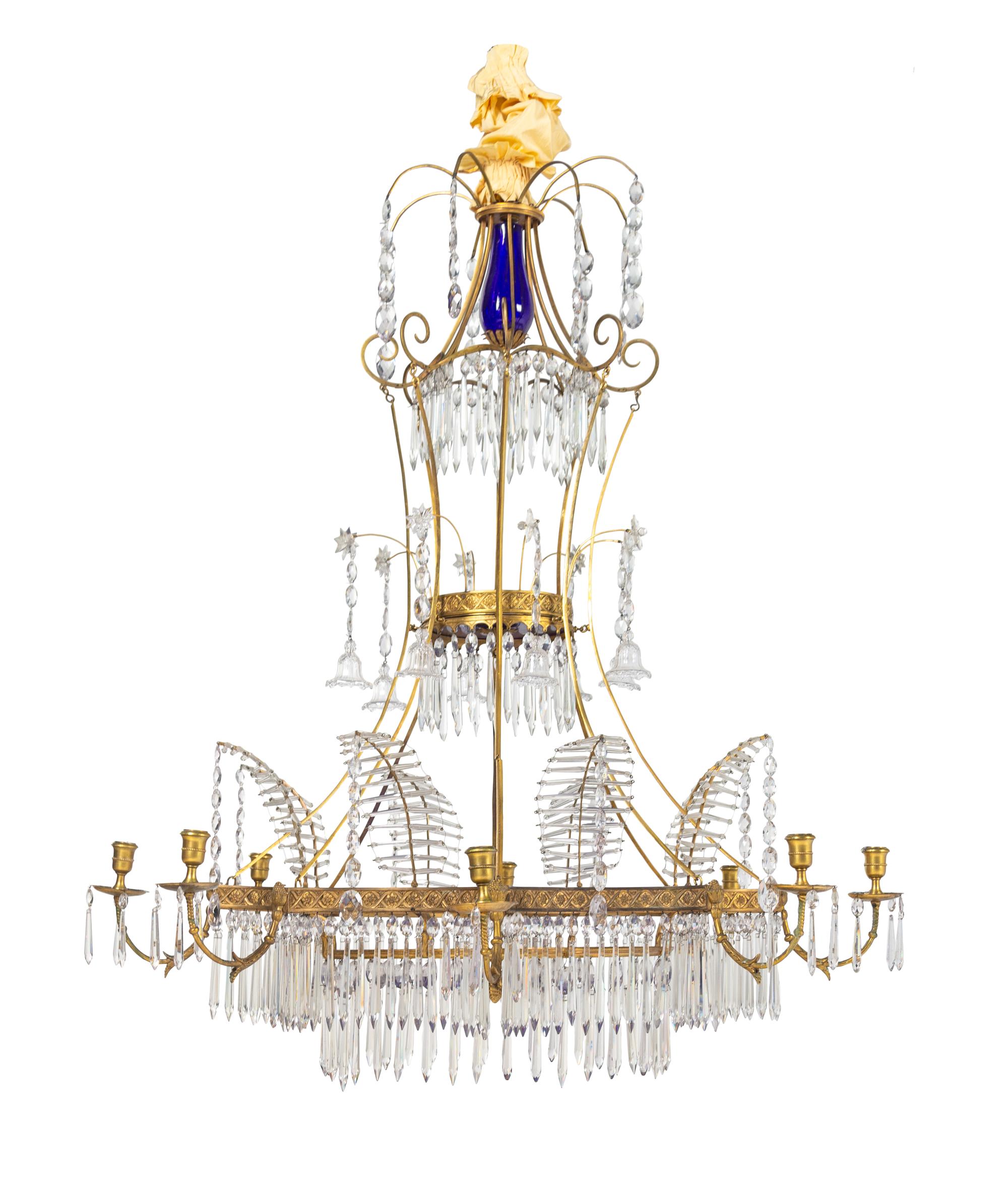 A Swedish Neoclassical Gilt Bronze, Cobalt and Colorless Glass Chandelier