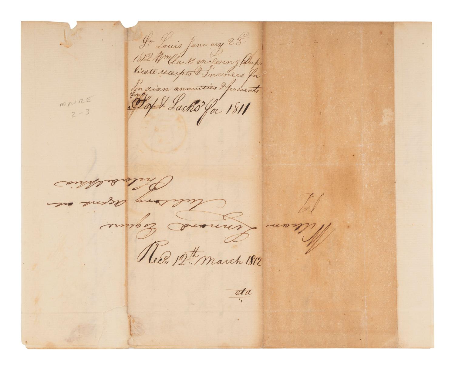 [NATIVE AMERICANS]. CLARK, William (1770-1838). Autograph letter signed ("Wm Clark") as US Agent of Indian Affairs, to William Linnard, Esq. St. Louis, MO, 23 January 1812.
