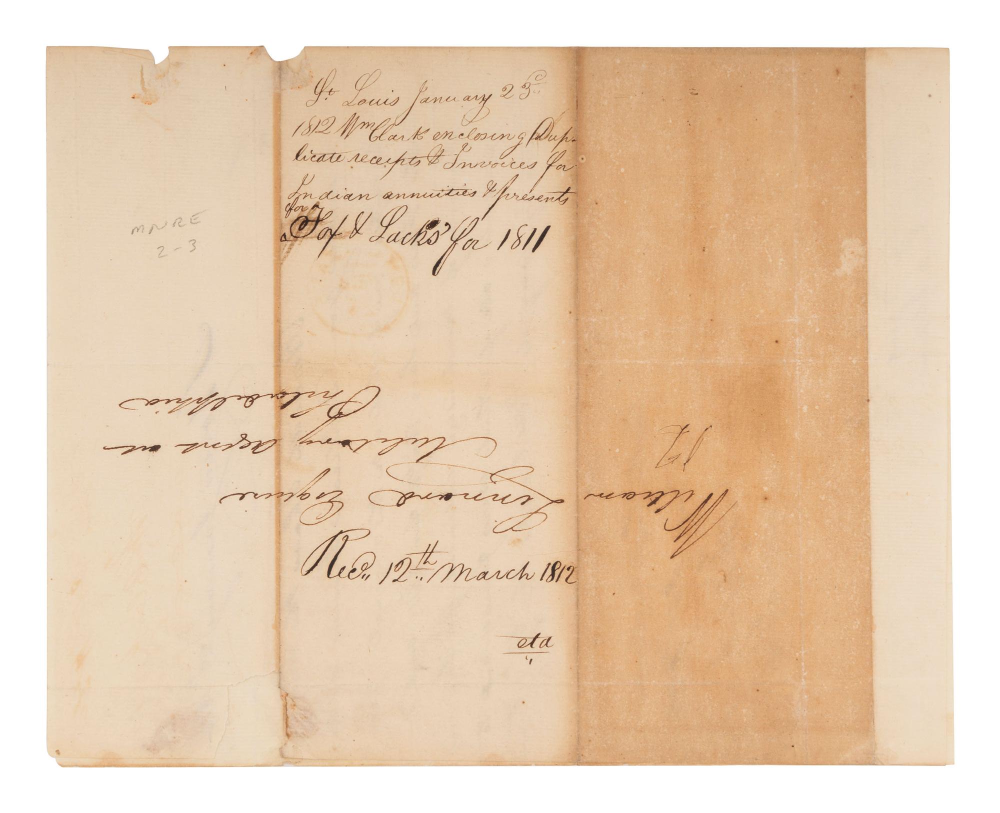 [NATIVE AMERICANS]. CLARK, William (1770-1838). Autograph letter signed ("Wm Clark") as US Agent of Indian Affairs, to William Linnard, Esq. St. Louis, MO, 23 January 1812.