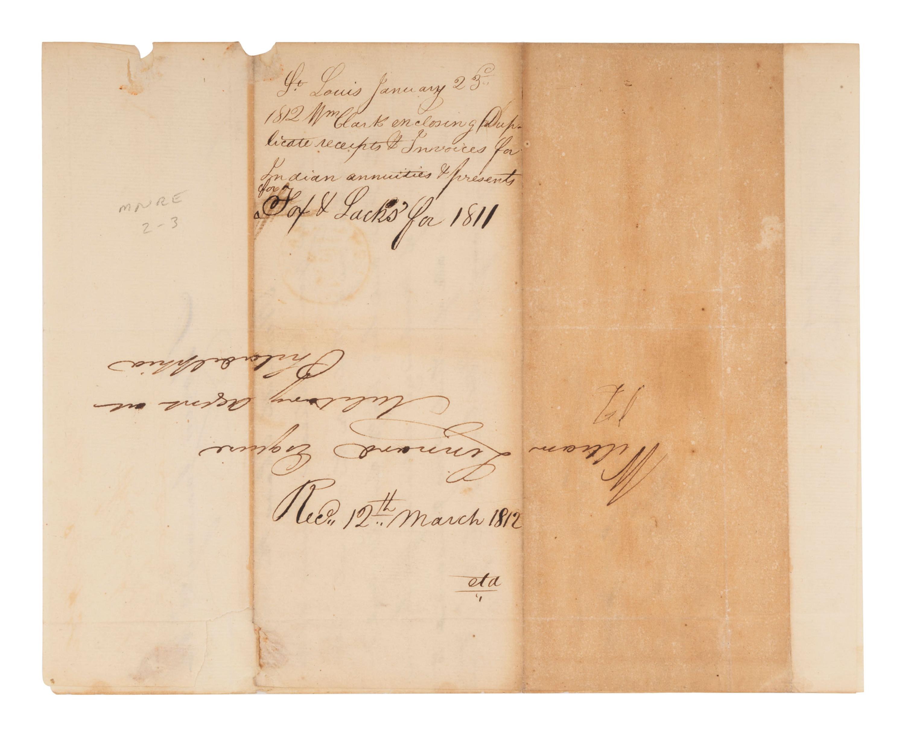[NATIVE AMERICANS]. CLARK, William (1770-1838). Autograph letter signed ("Wm Clark") as US Agent of Indian Affairs, to William Linnard, Esq. St. Louis, MO, 23 January 1812.