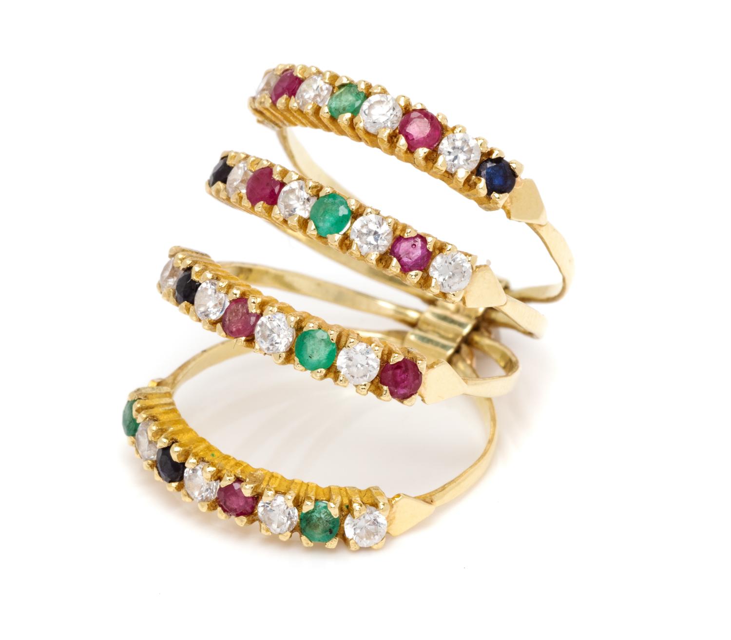 A Yellow Gold, Diamond Simulant, Emerald, Ruby and Sapphire Ring,