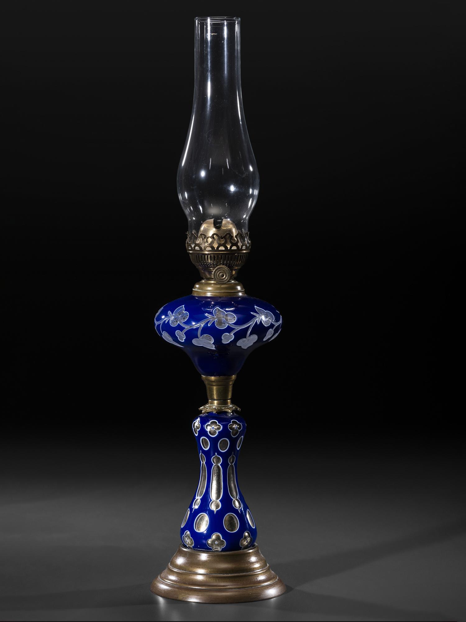 A Cobalt Cut to Clear Glass Oil Lamp