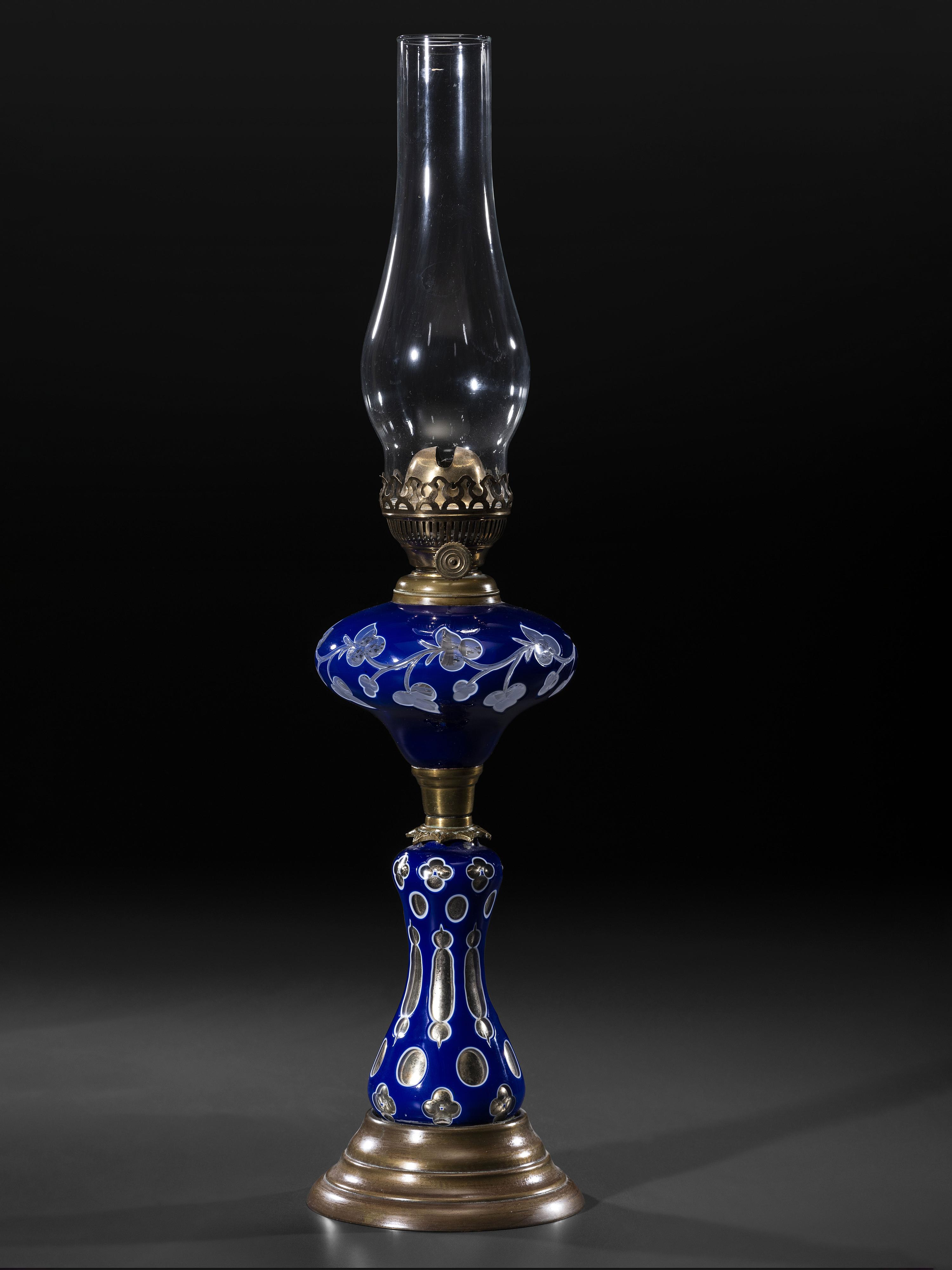 A Cobalt Cut to Clear Glass Oil Lamp