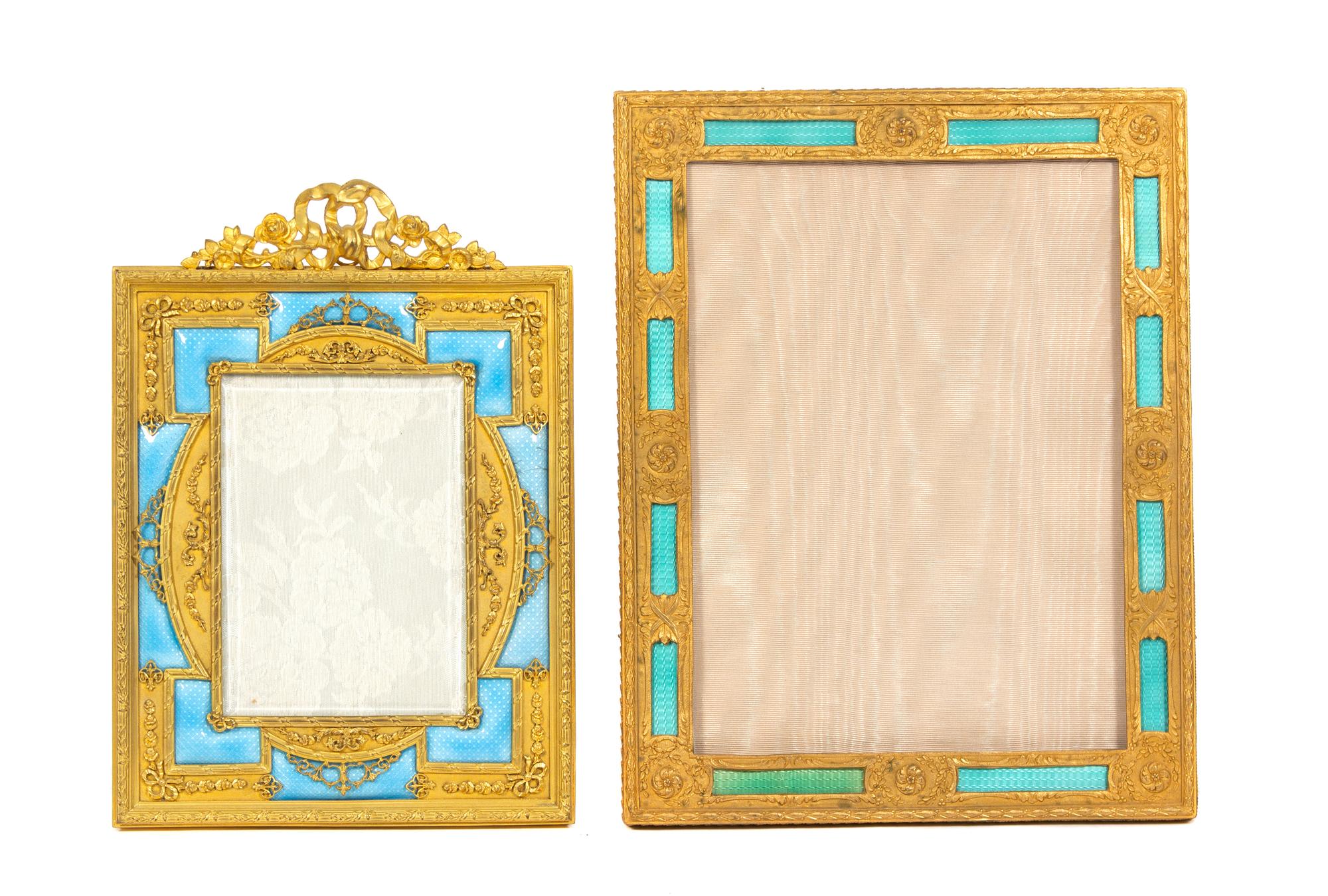 Two French Gilt Bronze and Enamel Easel Back Frames Larger, height 11 3/4 x width 9 3/4 inches. — 19TH CENTURY
