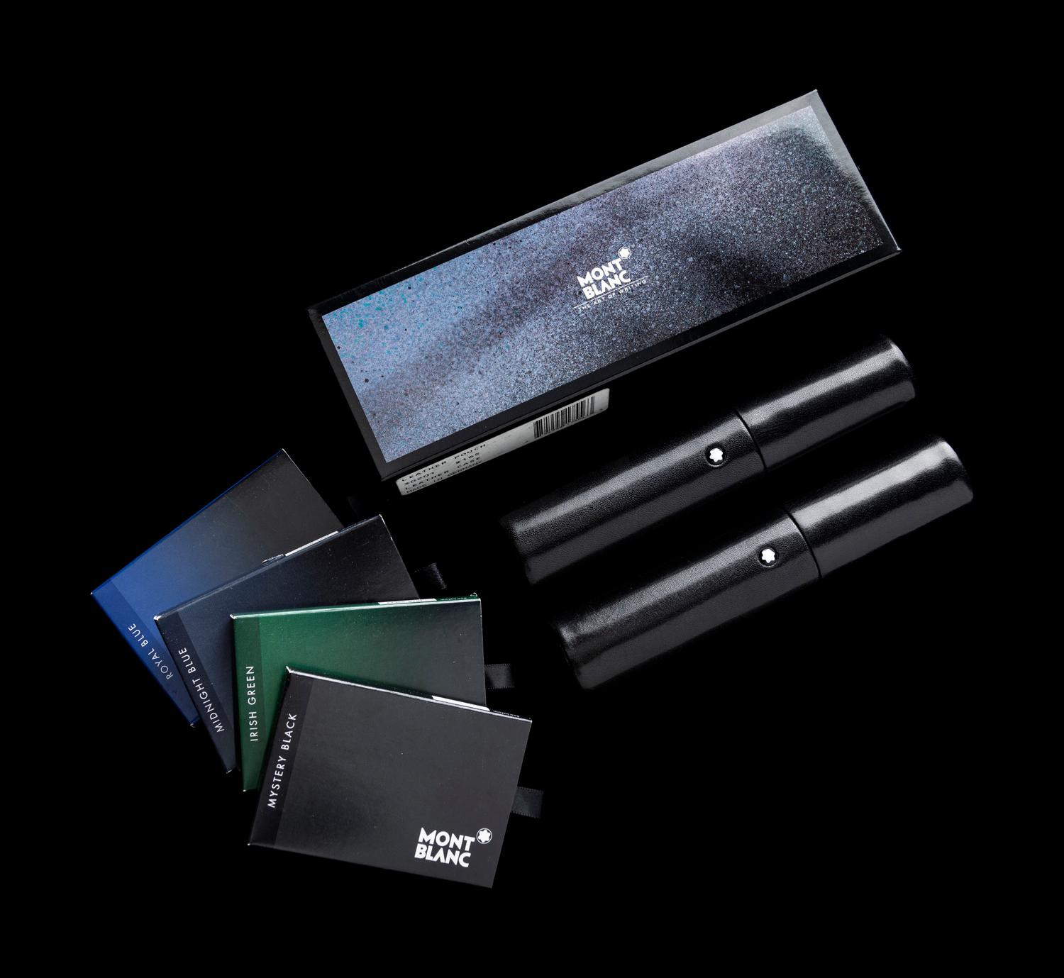 Two Montblanc Leather Pen Travel Cases and Ink Refills