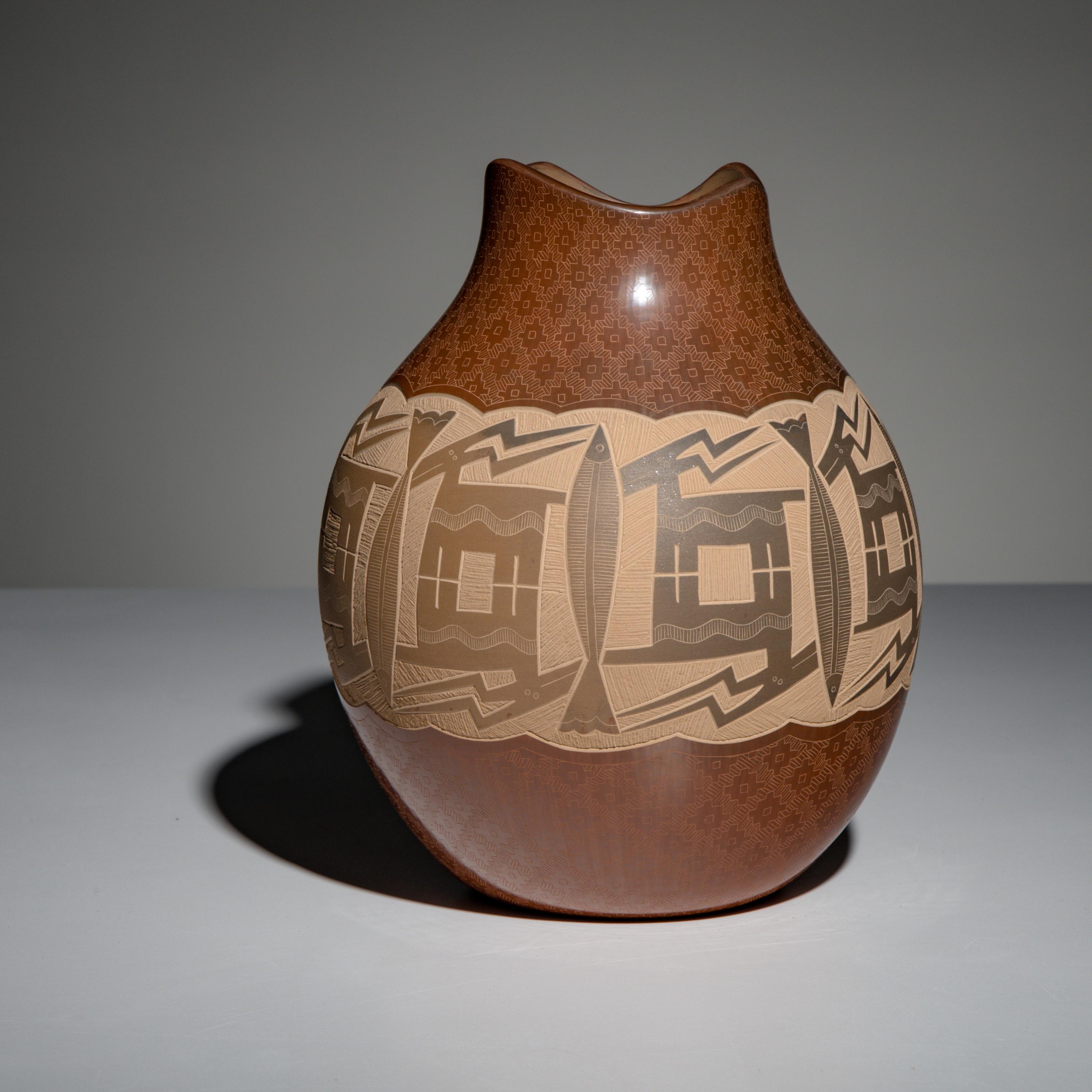 Jody Naranjo (Santa Clara, b. 1969) — Redware Pottery Vase, with Sgraffito Deer and Fish, 2002