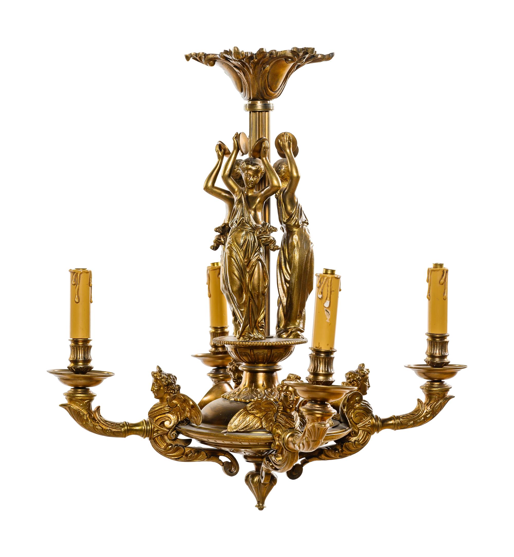 An Empire Style Gilt Bronze Figural Four-Light Chandelier
