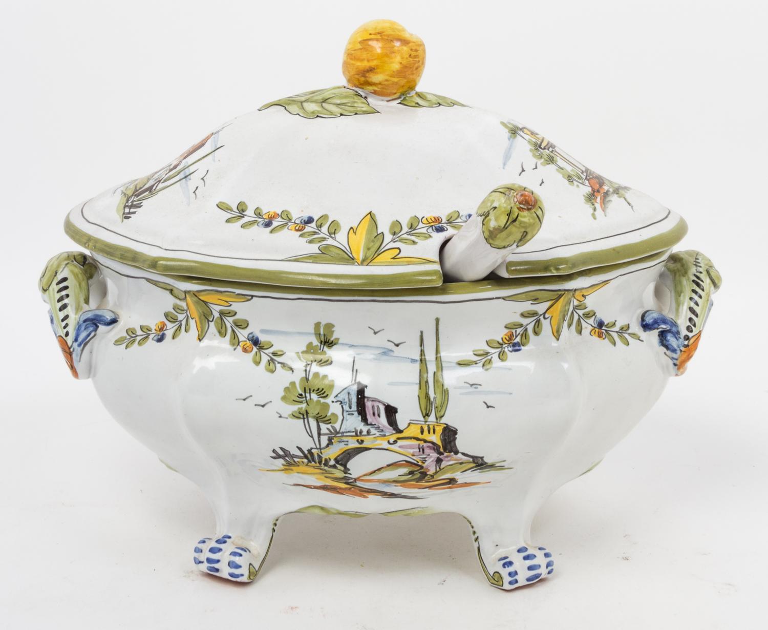 A Quimper Covered Tureen Width of tureen 13 inches.