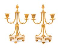 A Pair of Louis XVI Style Gilt Bronze and Marble Two-Light Candelabra