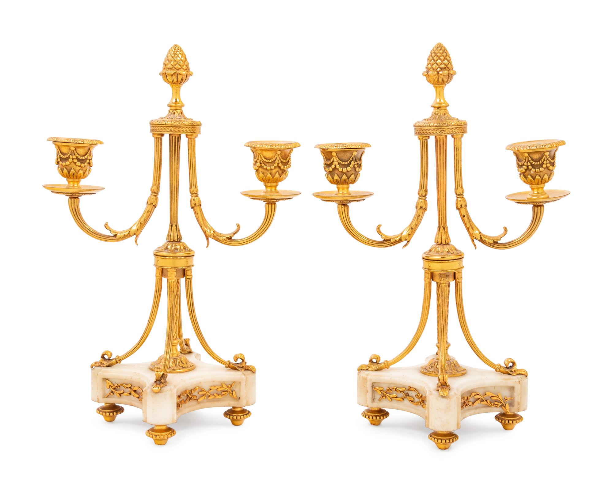 A Pair of Louis XVI Style Gilt Bronze and Marble Two-Light Candelabra