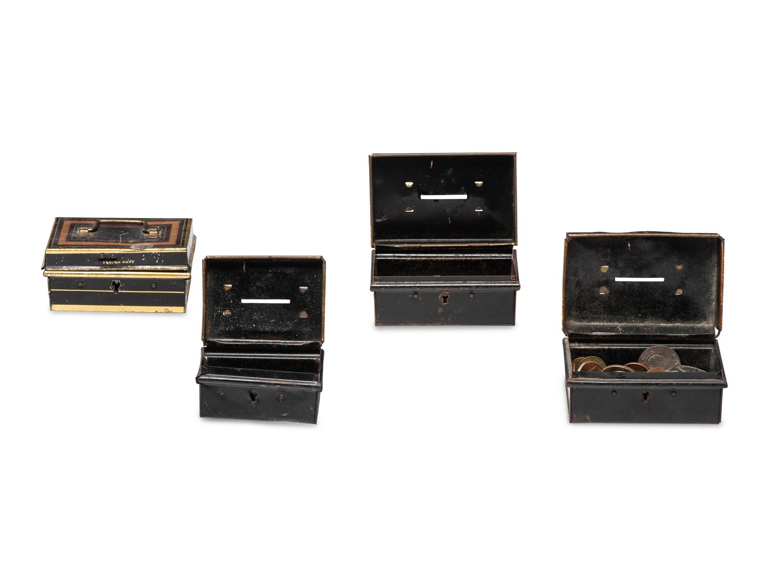 A Collection and Paint Decorated and Lithographed Advertising Tins and Banks