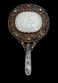 A White Jade Mounted and Hardstone Embellished Hand Mirror