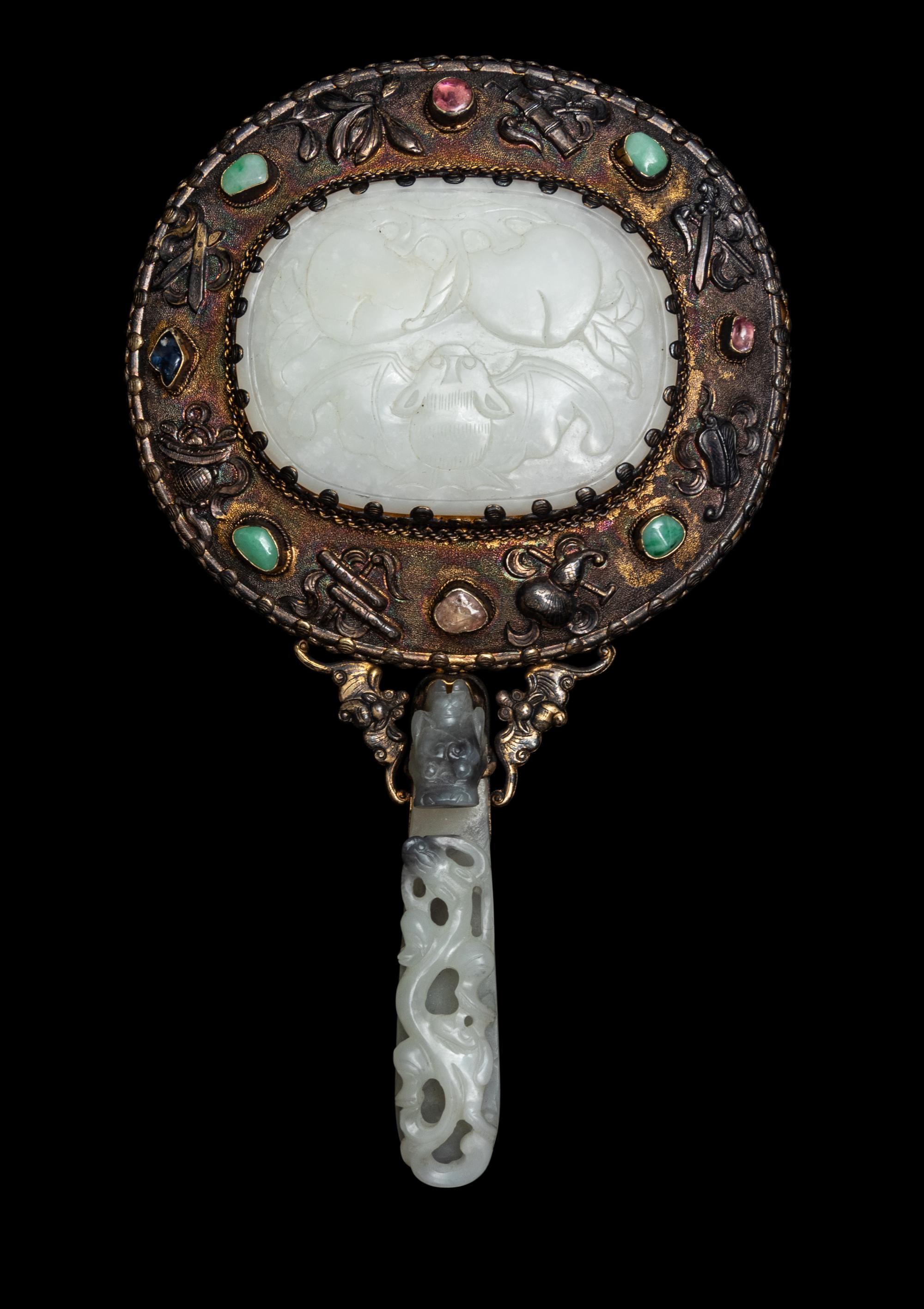 A White Jade Mounted and Hardstone Embellished Hand Mirror