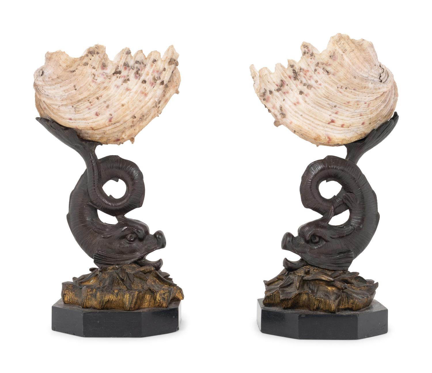 A Pair of Continental Bronze and Shell Table Ornaments
