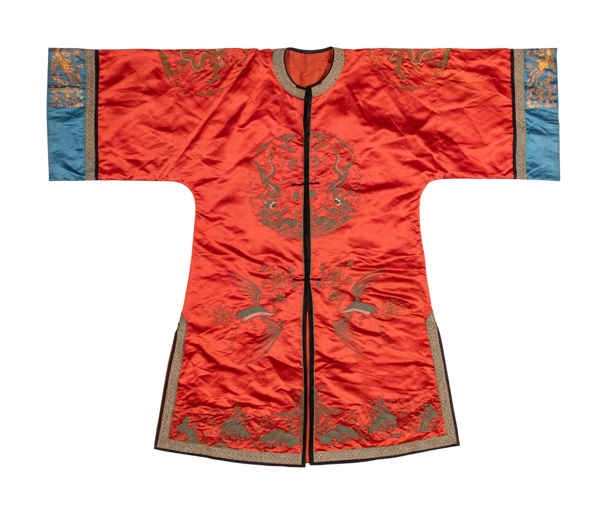 A Chinese Orange Ground Embroidered Silk Dragon Robe, Changfu