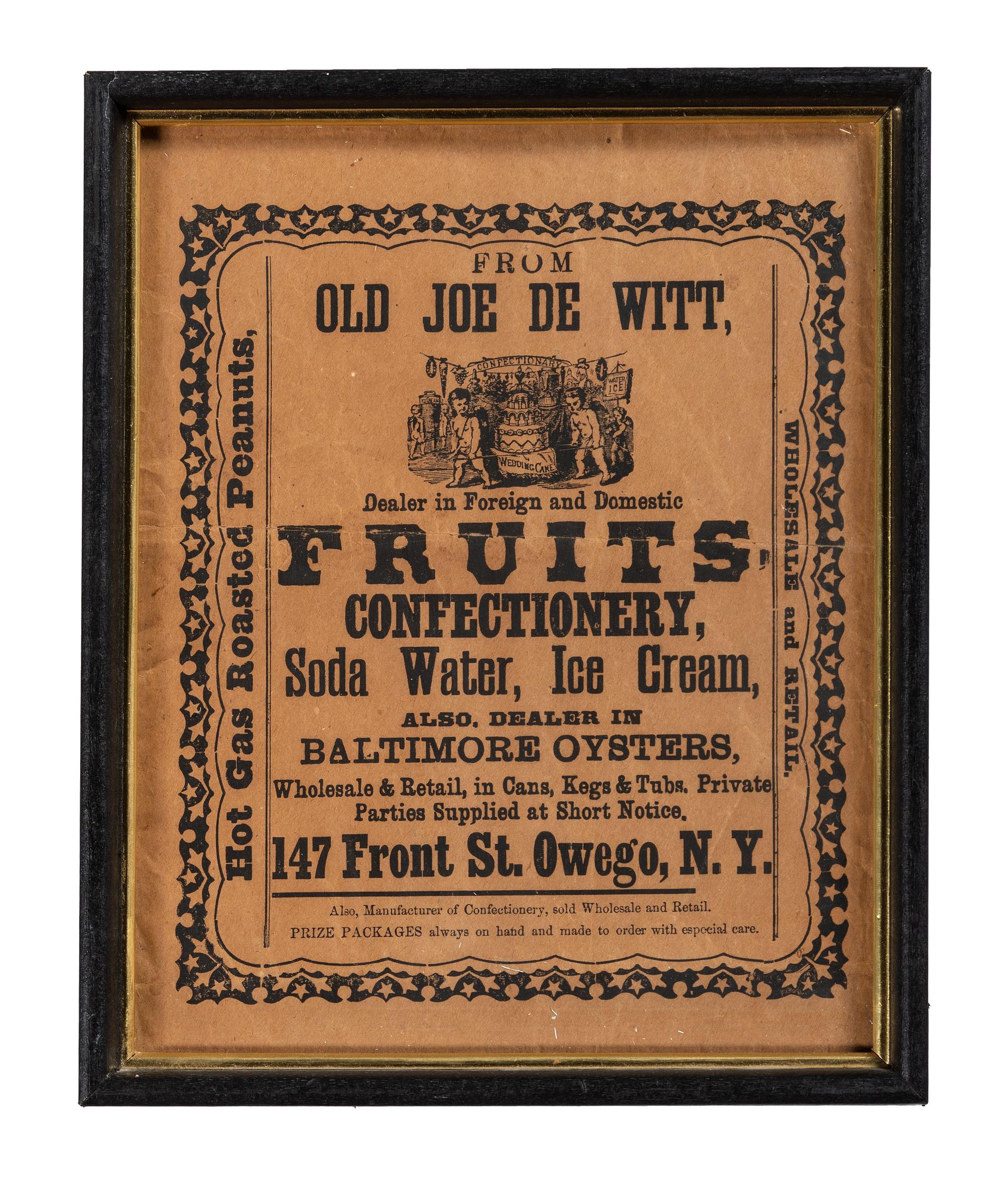 [ADVERTISING] -- [WINE]. A group of 2 broadsides promoting food and beverage, highlighted by advertisement for Jaques Bros.' "Orange County Pure Grape Wines."