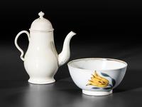 A Leeds Diminutive Creamware Coffeepot and Paint Decorated Pearlware Bowl
