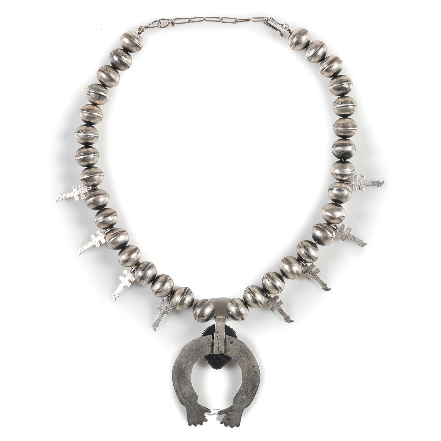 Sterling Silver and Turquoise Squash Blossom Necklace, with Double-Crosses