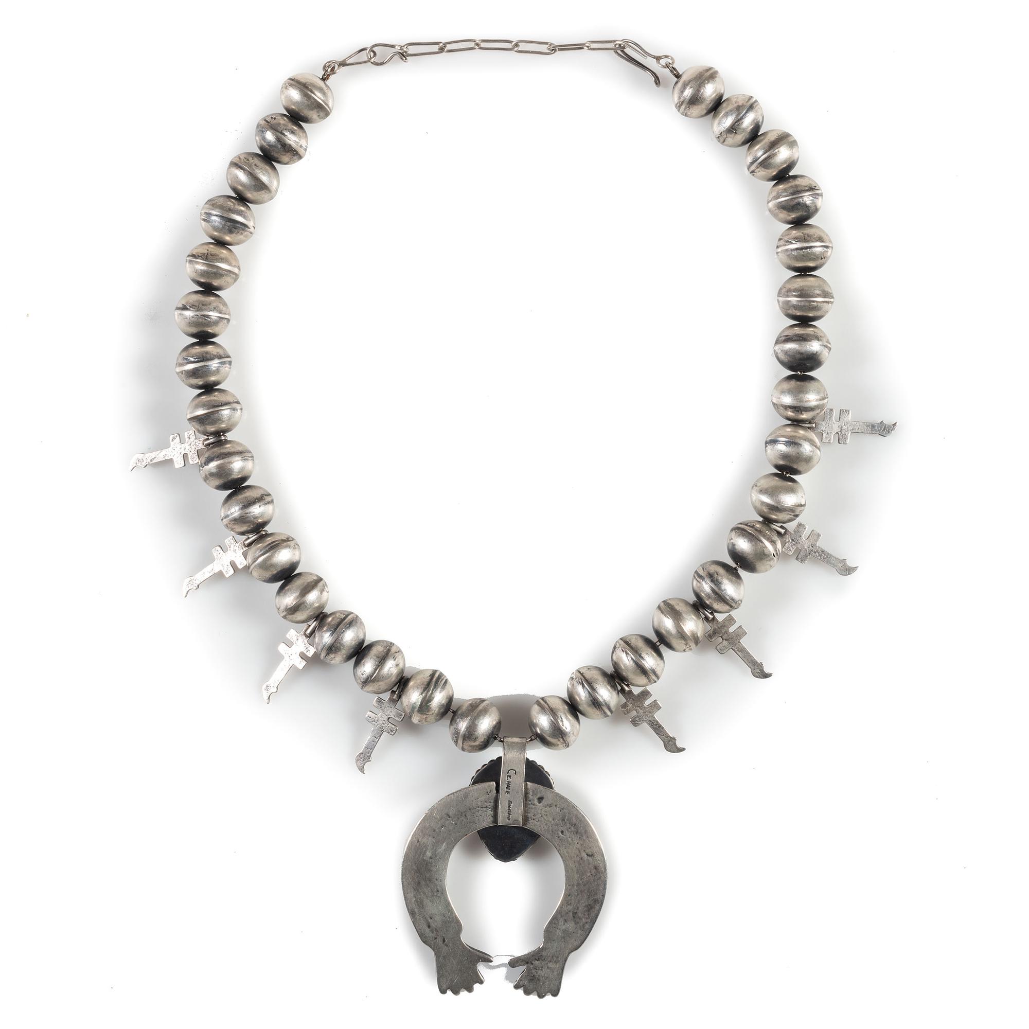 Sterling Silver and Turquoise Squash Blossom Necklace, with Double-Crosses