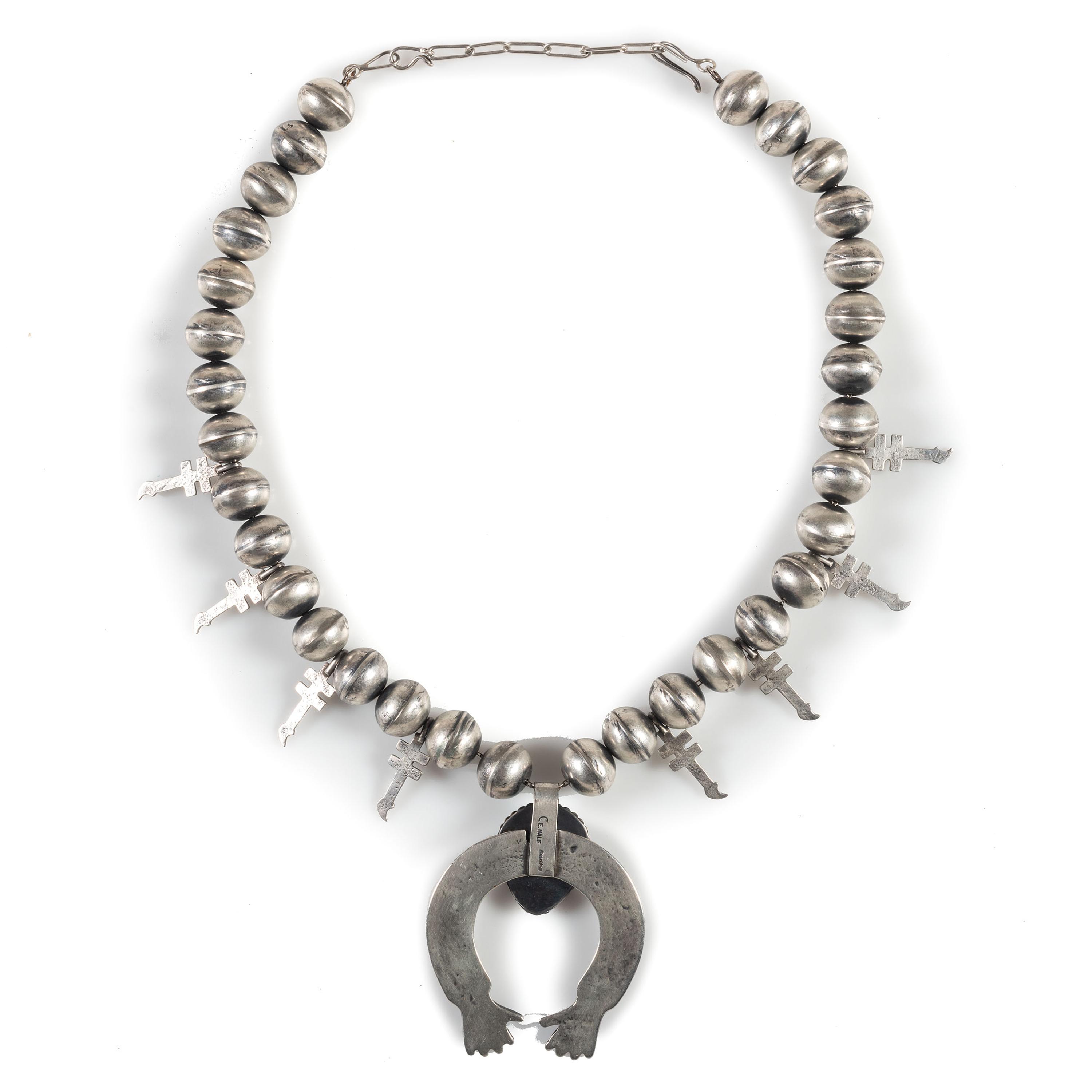 Sterling Silver and Turquoise Squash Blossom Necklace, with Double-Crosses