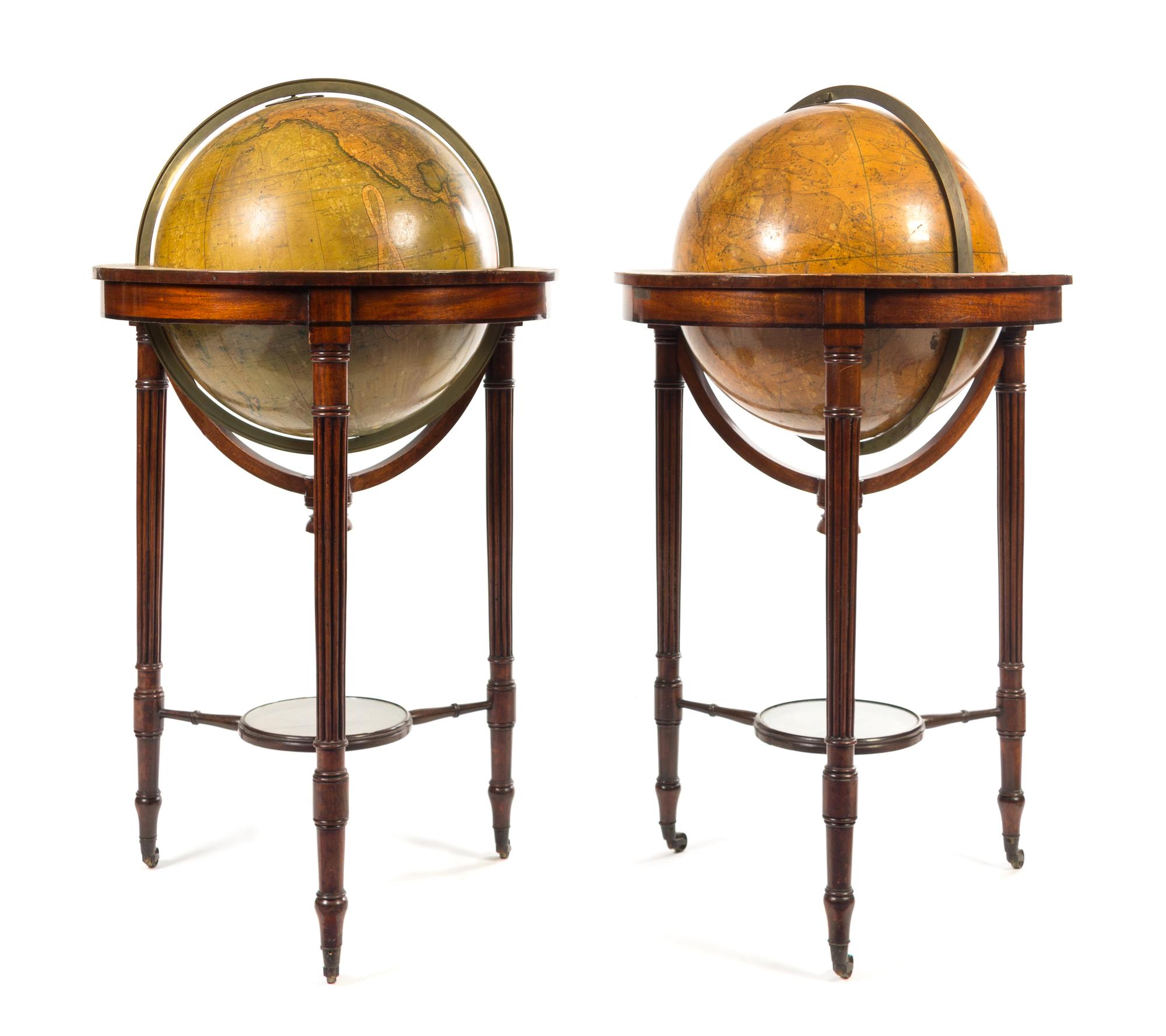 A Pair of Regency Mahogany Celestial and Terrestrial Library Globes Height 44 x diameter of globes 18 inches. — CARY'S OF LONDON