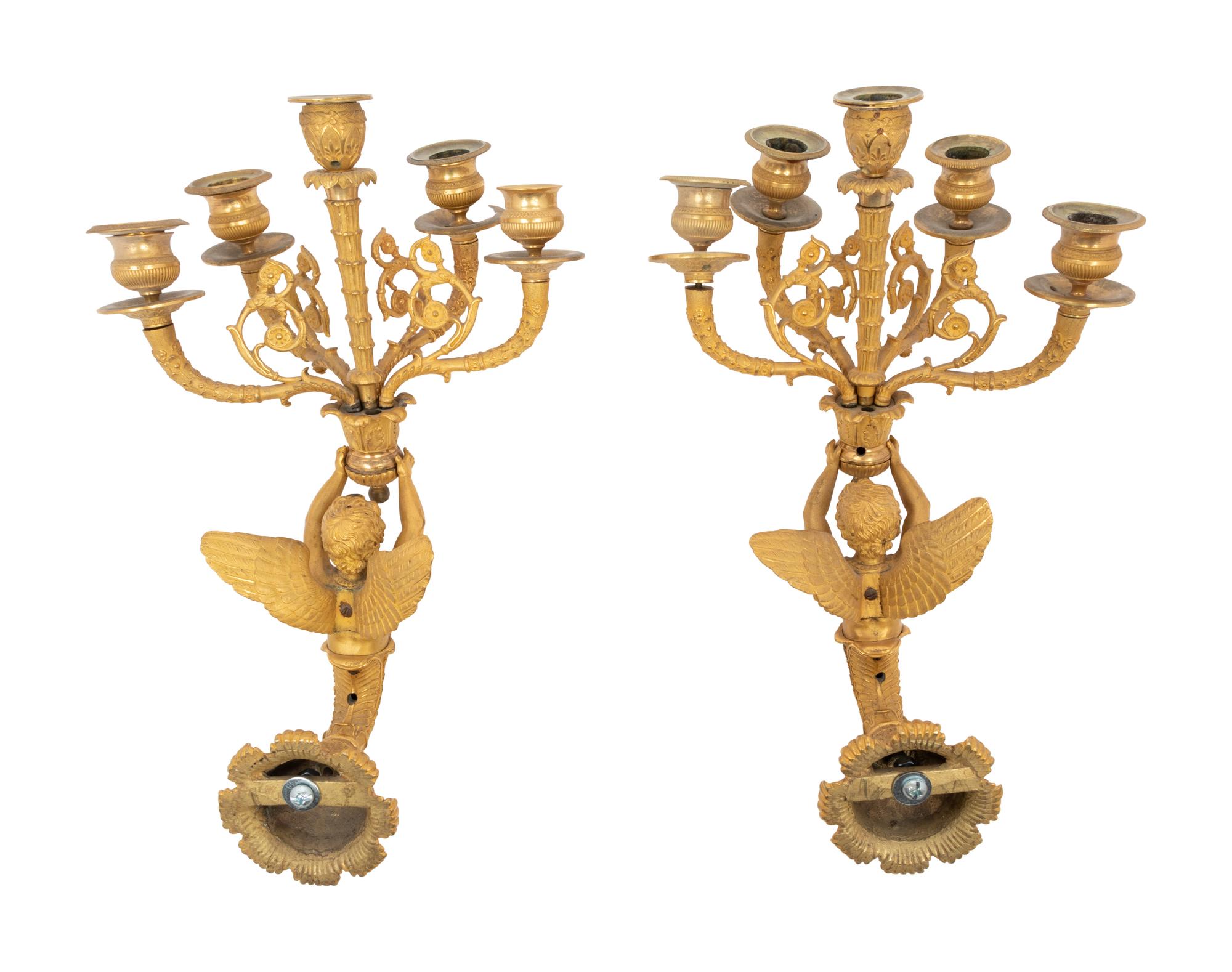 A Pair of Empire Gilt Bronze Five-Light Wall Lights