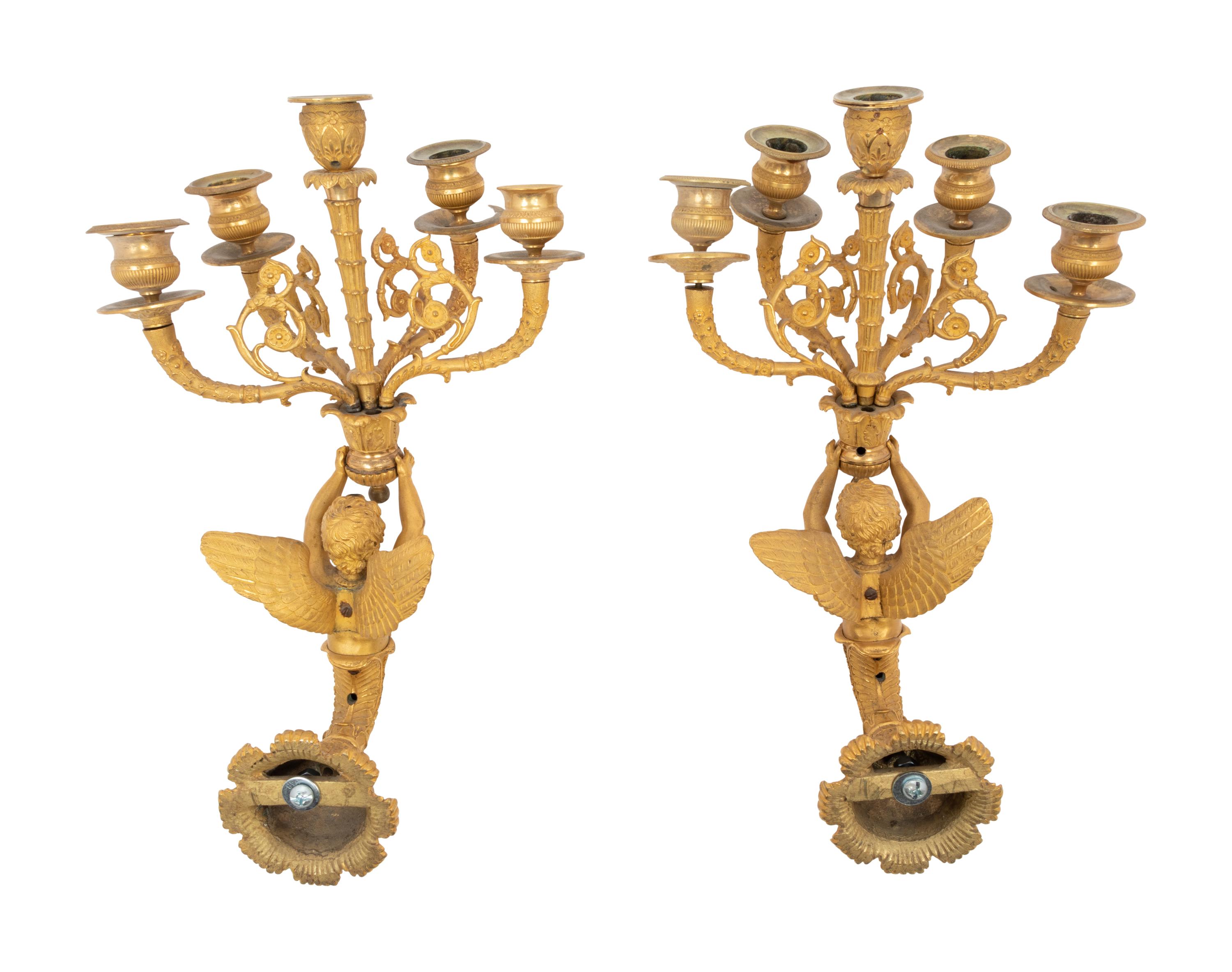 A Pair of Empire Gilt Bronze Five-Light Wall Lights