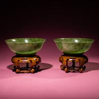 A Pair of Chinese Spinach Jade Bowls, 19th-20th Century — 晚清-民國 碧玉碗一對