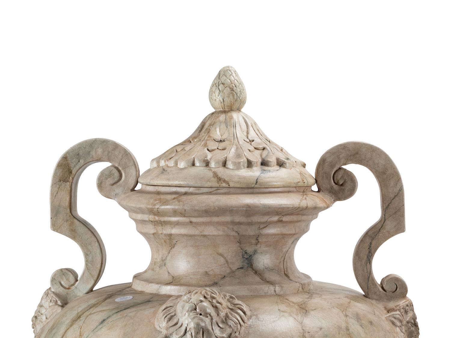 A Pair of Neoclassical Style Faux Marble Painted Terracotta Urns and Stone Plinths