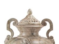 A Pair of Neoclassical Style Faux Marble Painted Terracotta Urns and Stone Plinths