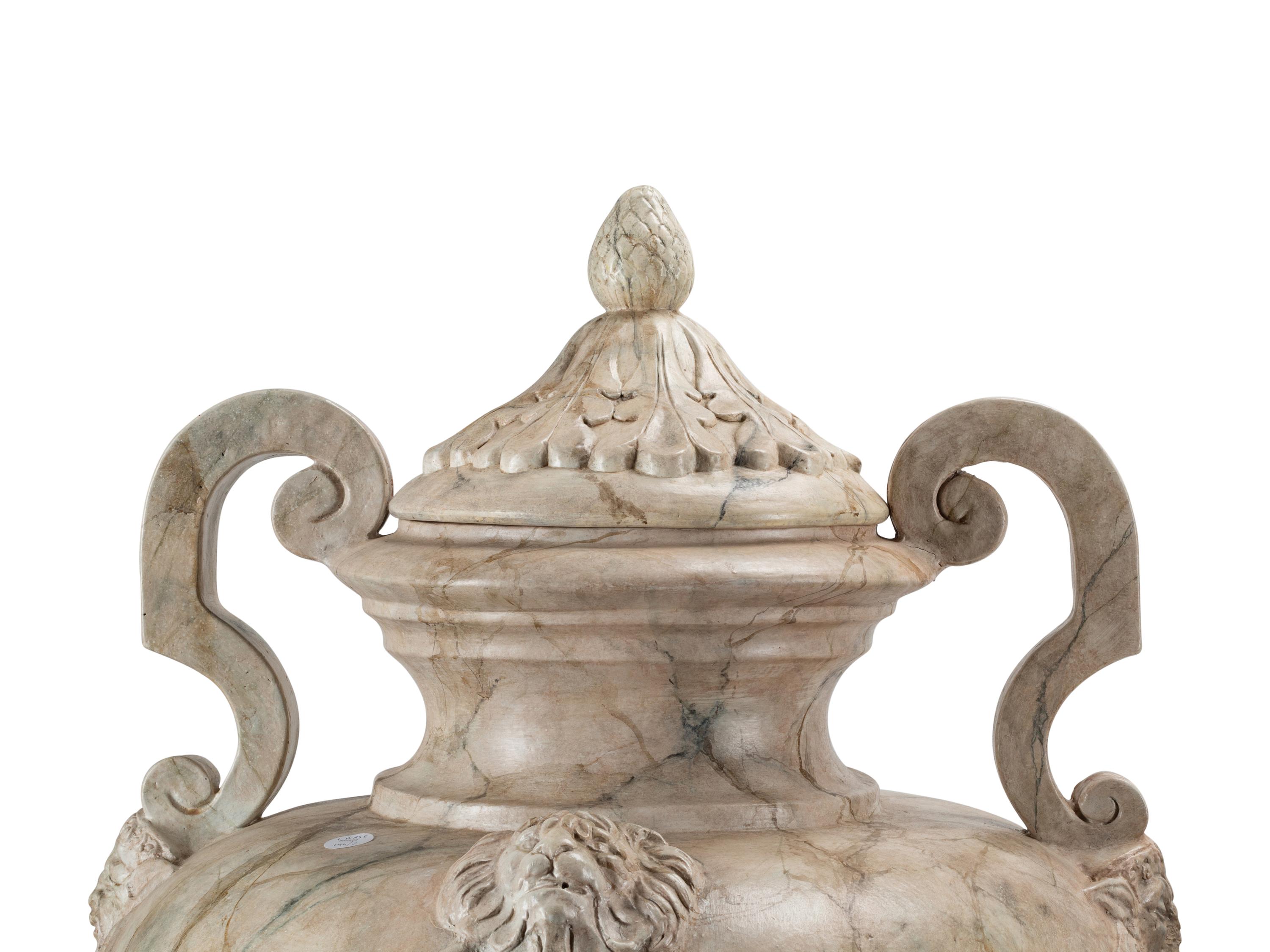 A Pair of Neoclassical Style Faux Marble Painted Terracotta Urns and Stone Plinths