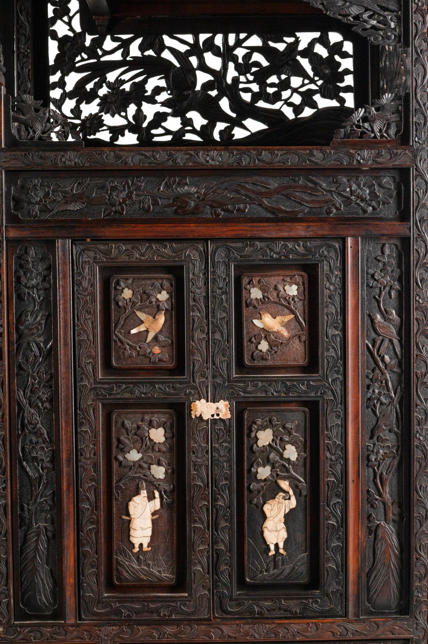 A Japanese Bone-Mounted Pierce-Carved Hardwood Cabinet on Stand — 19TH CENTURY