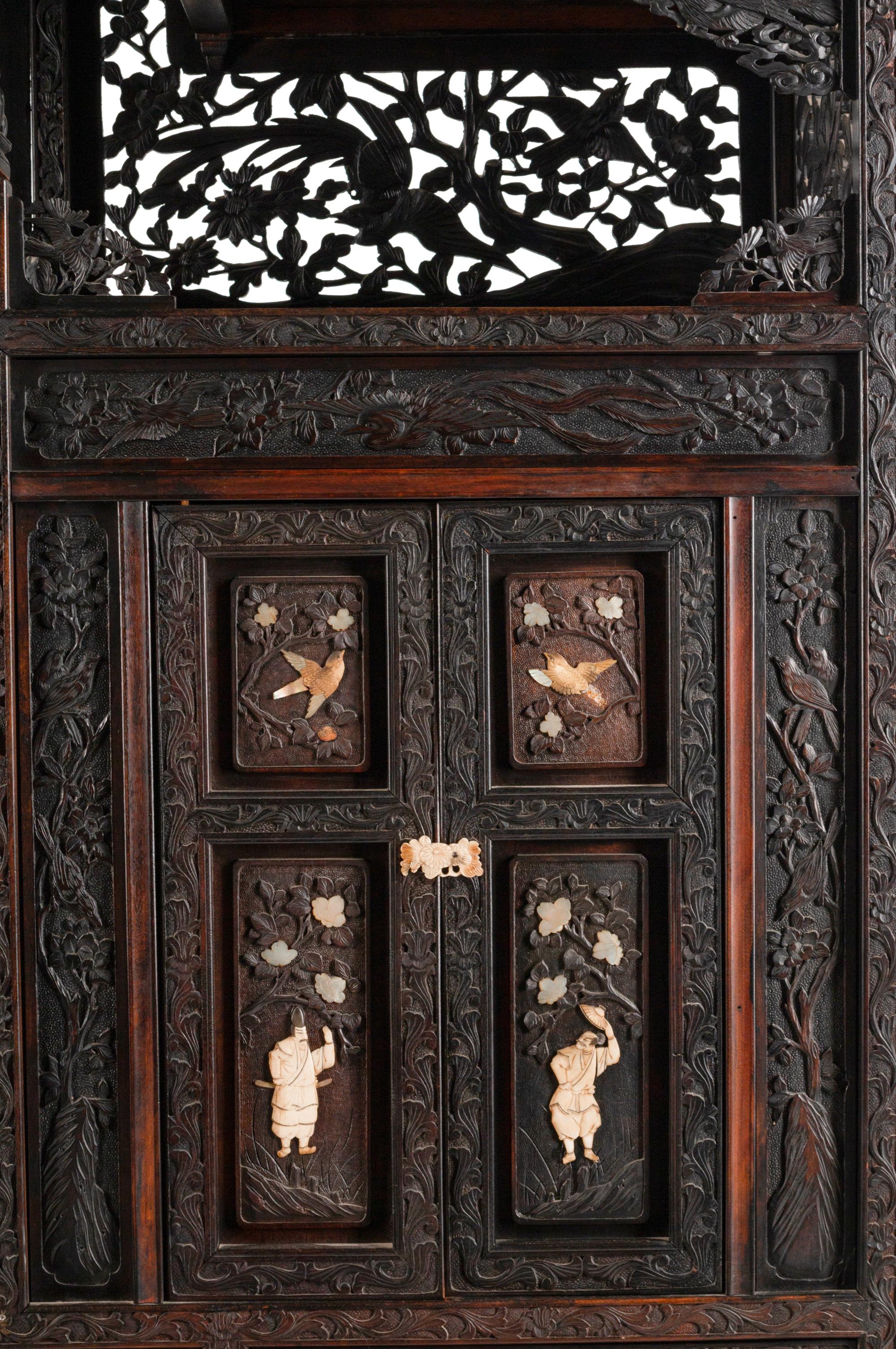 A Japanese Bone-Mounted Pierce-Carved Hardwood Cabinet on Stand — 19TH CENTURY