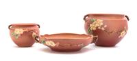 Three Roseville Apple Blossom Pottery Articles Height of tallest 6 1/4 inches.