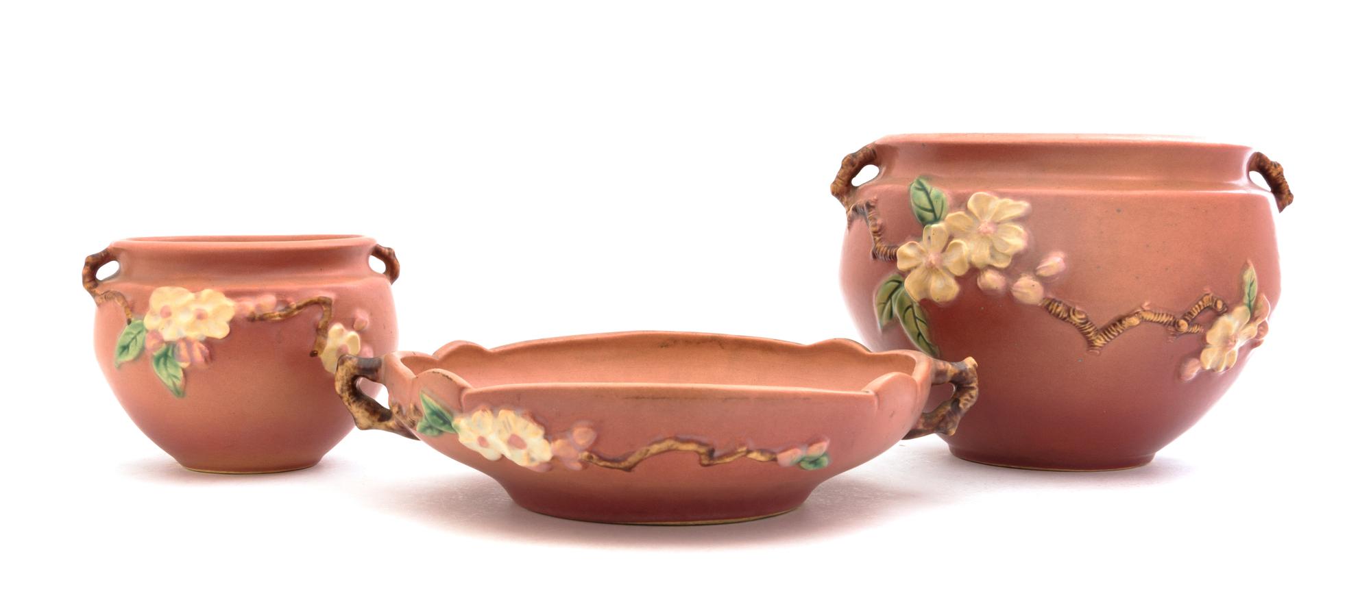 Three Roseville Apple Blossom Pottery Articles Height of tallest 6 1/4 inches.