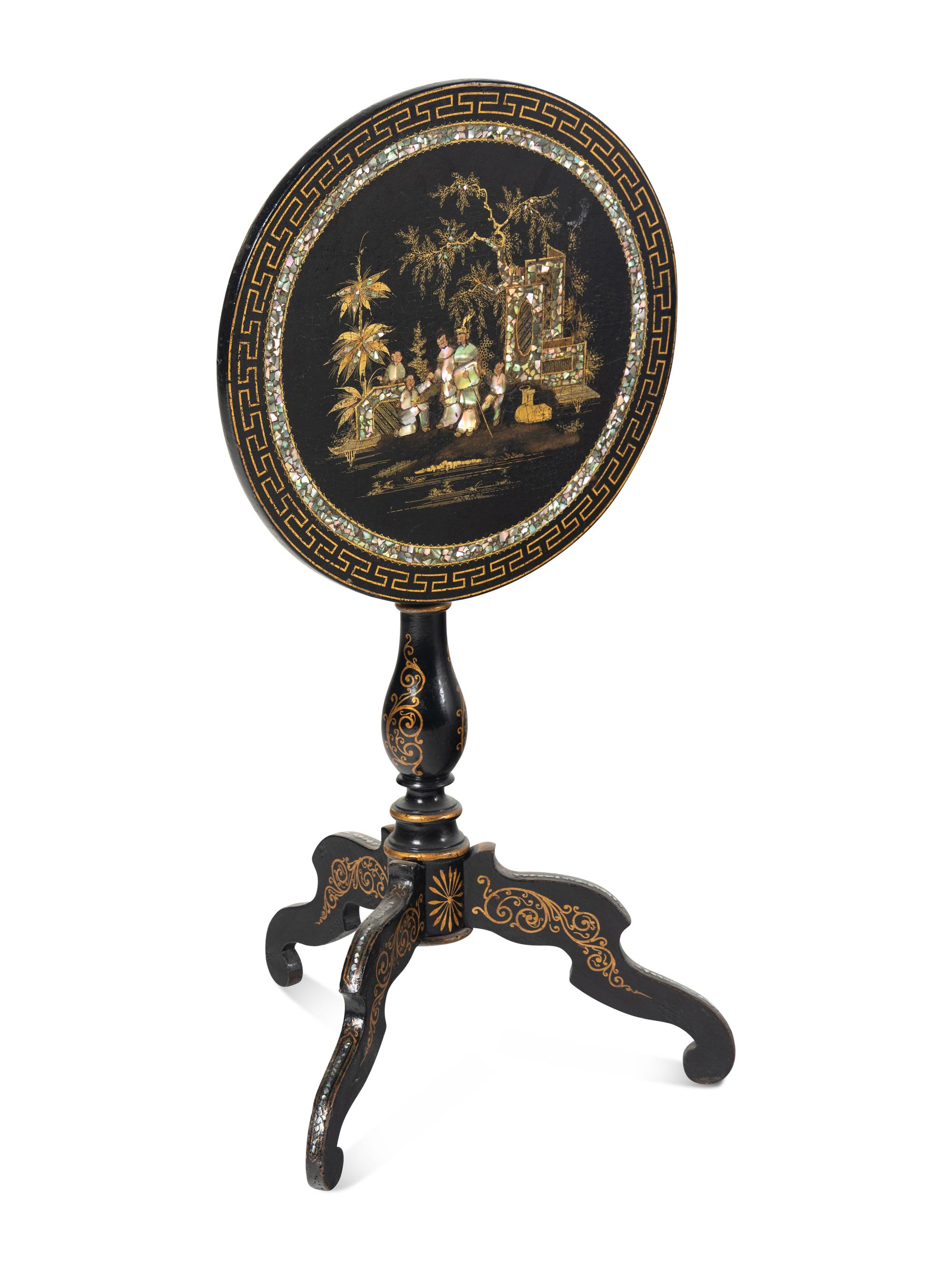 Three Victorian Mother of Pearl Papier-Mâché Tilt Top Tables