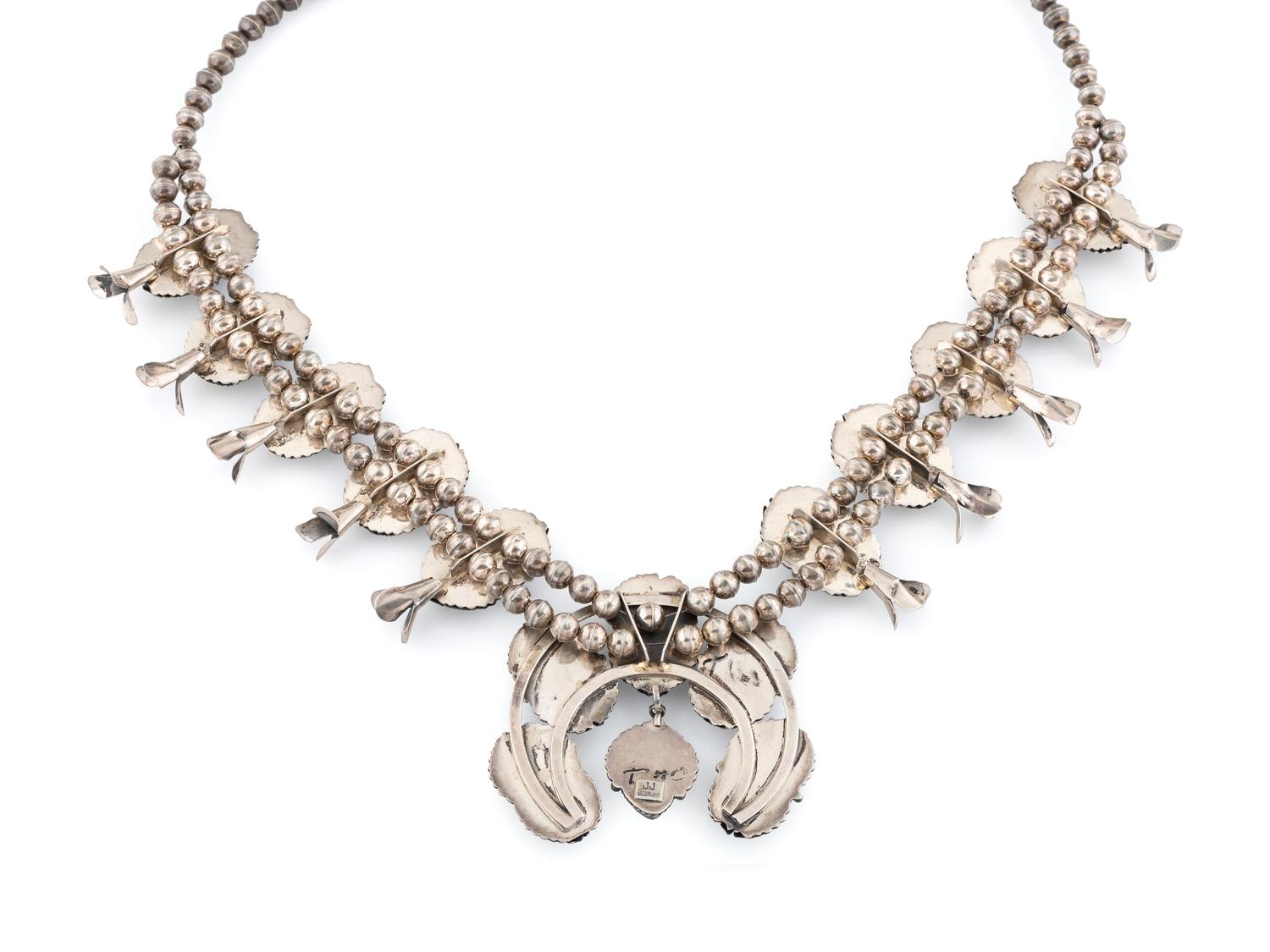 Navajo Sterling Silver and Turquoise Squash Blossom Necklace