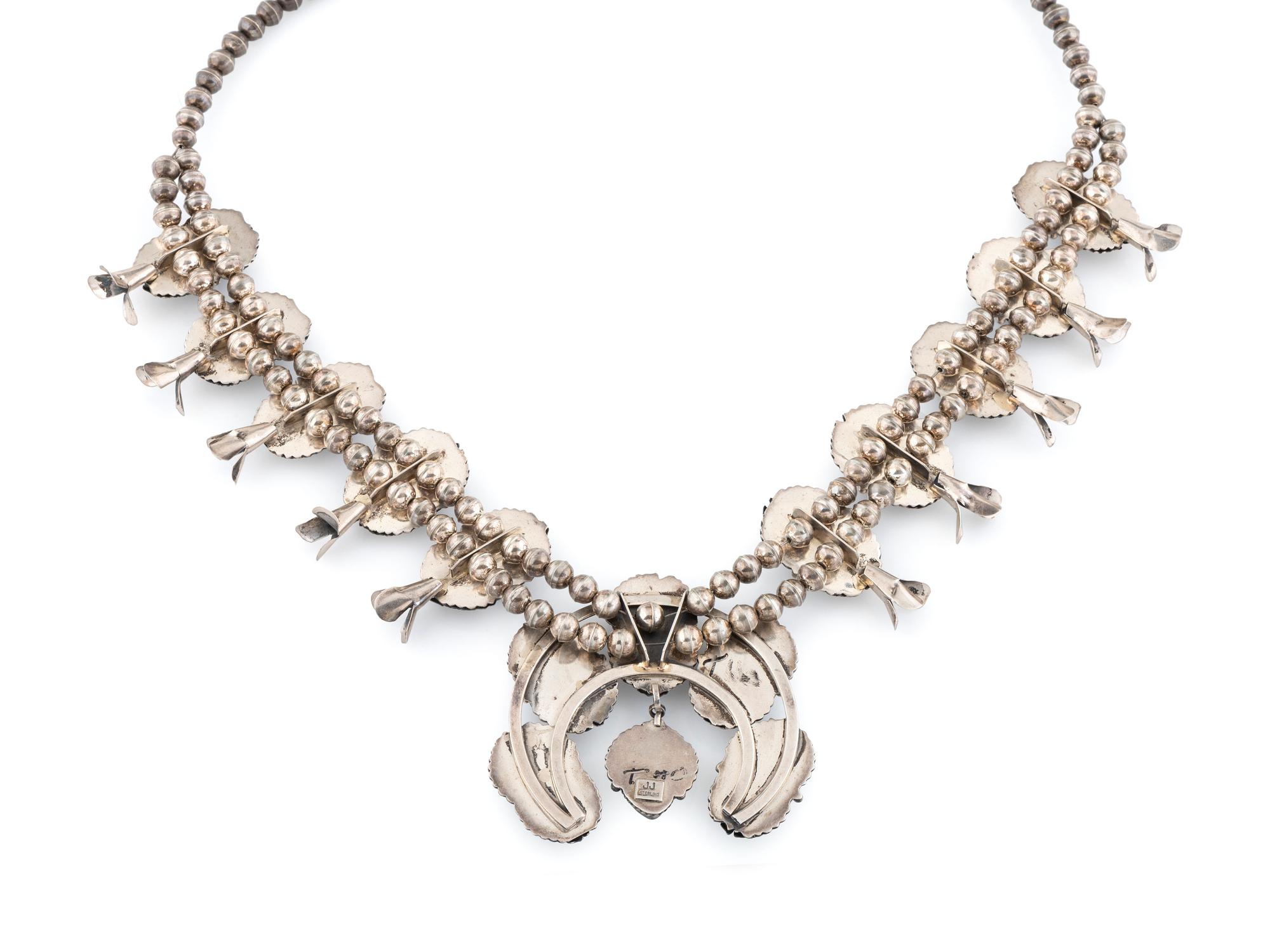 Navajo Sterling Silver and Turquoise Squash Blossom Necklace