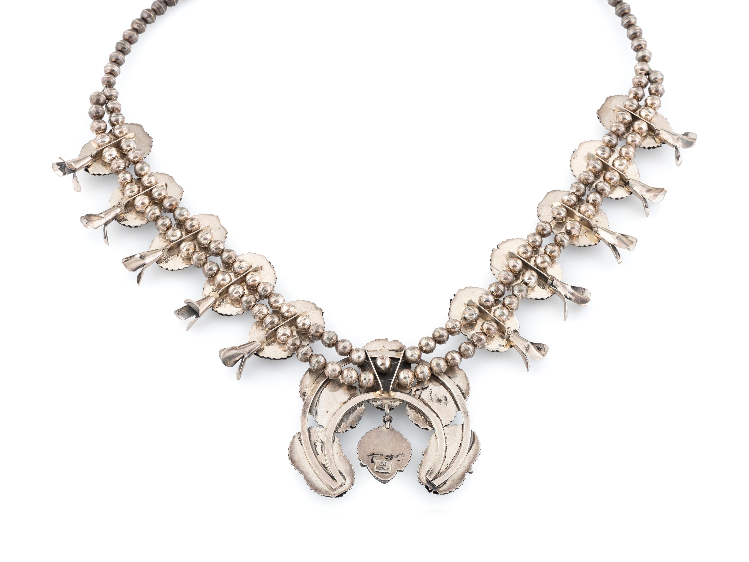 Navajo Sterling Silver and Turquoise Squash Blossom Necklace