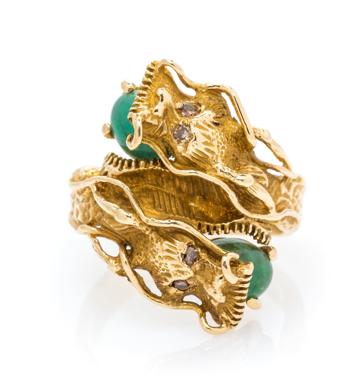A 14 Karat Yellow Gold, Emerald and Colored Diamond Dragon Motif Ring, 7.50 dwts.