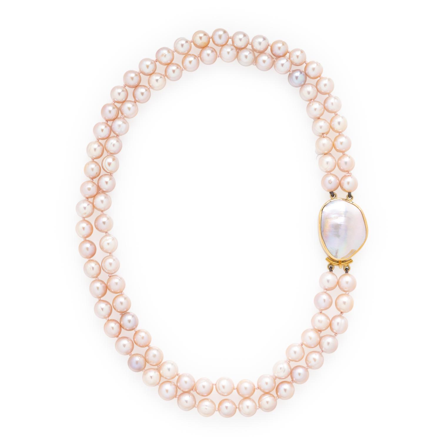 Cultured Pink Pearl and Yellow Gold Necklace