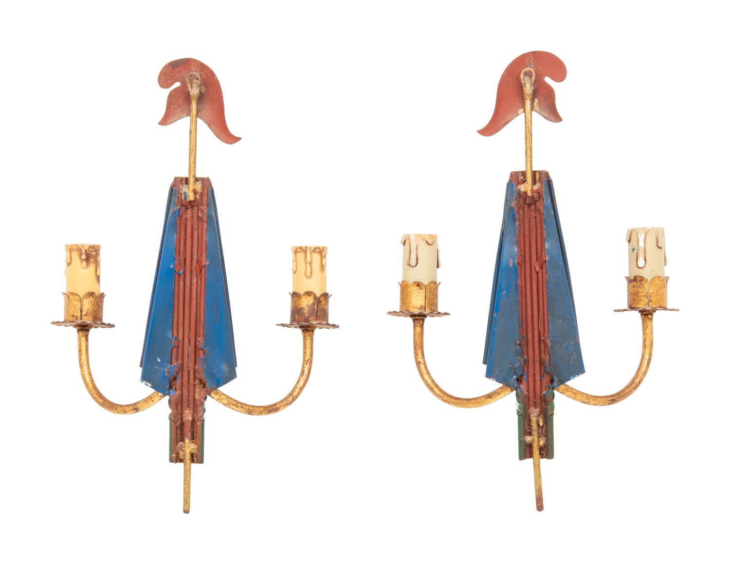 A Pair of French Tole Peinte Phrygian Cap Two-Light Sconces