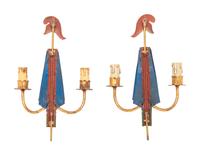 A Pair of French Tole Peinte Phrygian Cap Two-Light Sconces